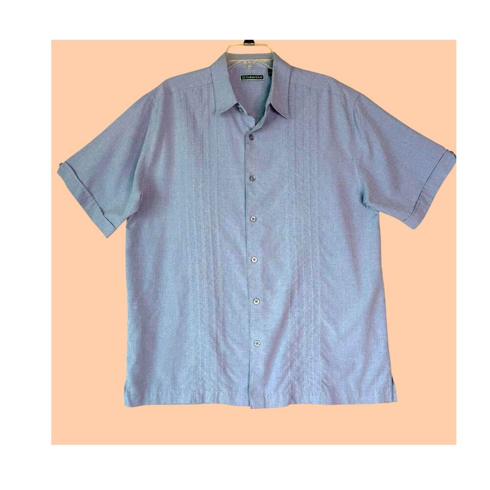 Cubavera Mens Casual Short Sleeve Button Up Shirt Size L Blue Gray Embroideries